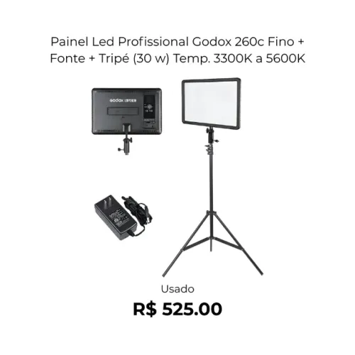 Painel Led Profissional Godox 260c Fino + Fonte + Tripé (30 w) Temp. 3300K a 5600K
