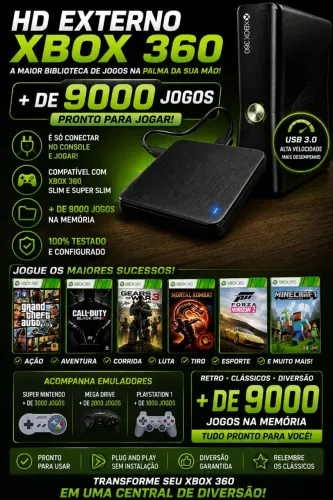 HD Externo Xbox 360 + de 9000 Jogos Prontos - Conectar e Jogar