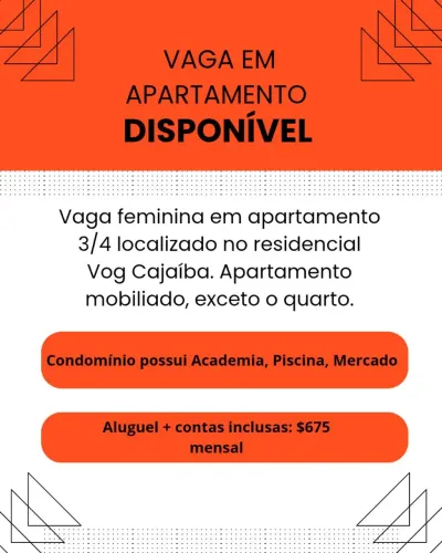 Vaga feminina em apartamento mobiliado