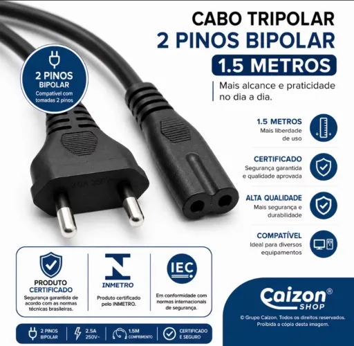 Cabo de Energia 2 Pinos Bipolar 1,5m P/ Ps3 Ps4 Ps5 TV Monitor Notebook