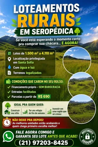 Lotes Rurais em Santo Sofia - Seropédica | Parcelas a partir de R$ 690 | 1.500 a 4.110 m²