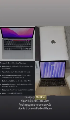 Apple Macbook Pro 13 M2 2022 245 gb Ssd Único Dono C/ Caixa (Usado)