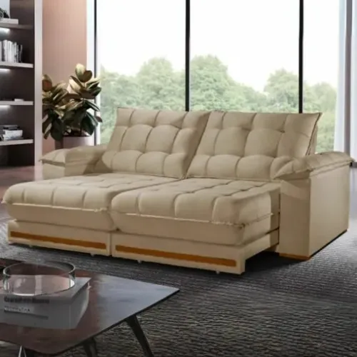 Sofá Reclinável Retrátil Barcelona de 4 Lugares Linho Bege