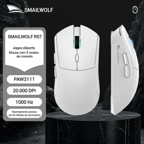 Mouse Gamer SMAILWOLF RS7 Sem Fio Tri Mode PAW3311 Até 20.000 DPI Bluetooth Wireless 2.4G 