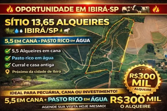 Vende-se excelente sítio com 13,65 alqueires - Ideal para pecuária, agricultura ou lazer!