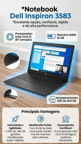Notebook Dell Inspiron 3583 | i5 8ª Ger | 16 GB RAM | SSD 240GB | Rápido