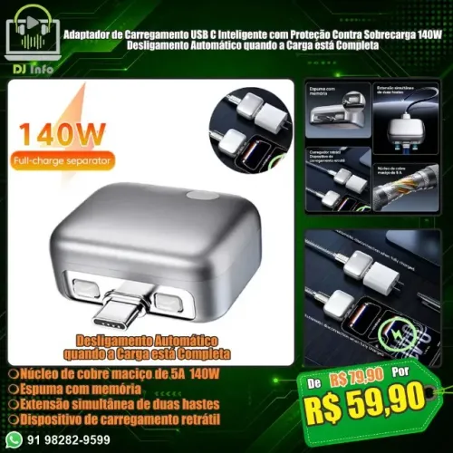 Adaptador de Carregamento USB C Inteligente com Proteção Contra Sobrecarga 140W