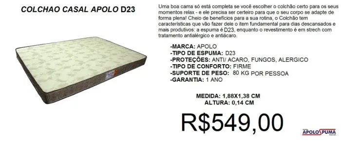 Colchão casal espuma d23 apolo - frete grátis