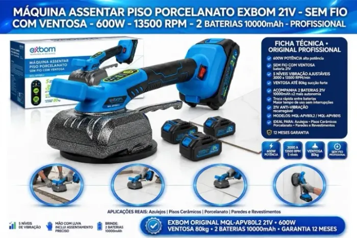 Asentador de Piso Porcelanato Porcelanato 600W Ventosa 80kg 2 Baterias Profissional Exbom