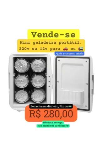Mini geladeira portátil pra carro, caminhão. Ajuda a conservar o produto gelado.