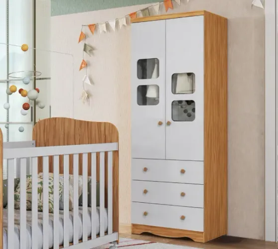 Roupeiro Infantil Lumi 2 Portas e 3 Gavetas, 100% MDF - Peroba