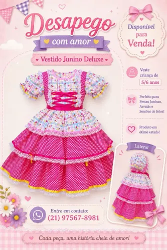 VESTIDO DE QUADRILHA LUXO - VESTIDO JUNINO INFANTIL - VESTE 5/6 ANOS - ESTADO DE NOVO