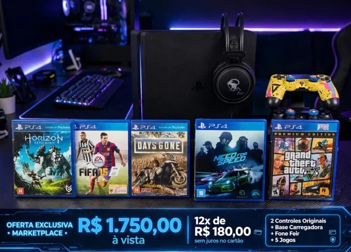 Ps4 slim 1tb + 2 controles + 5 jogos +fone + base carregamento