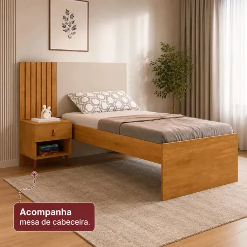 Cama Ja Solteiro Com Detalhe Ripado Lady Nature / Off - Acompnha Mesa de Cabeceira <br><br>