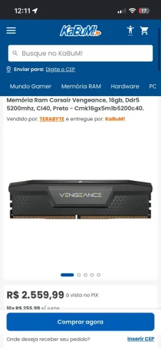 Memória 16gb 5200MhZ DDR5 Corsair