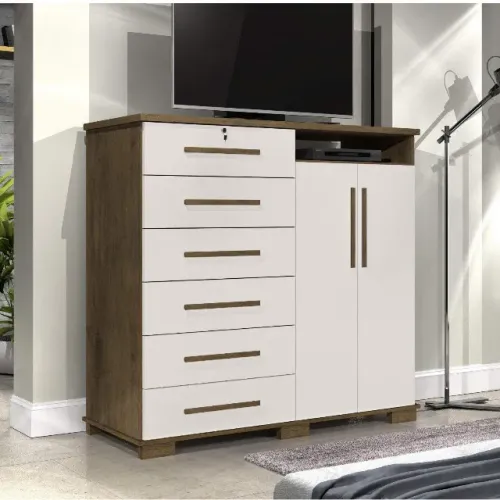 Comoda Coliseu 6 Gavetas 2 Portas 1 Nicho Marrom.Off White Até 12x - Receba Hoje 