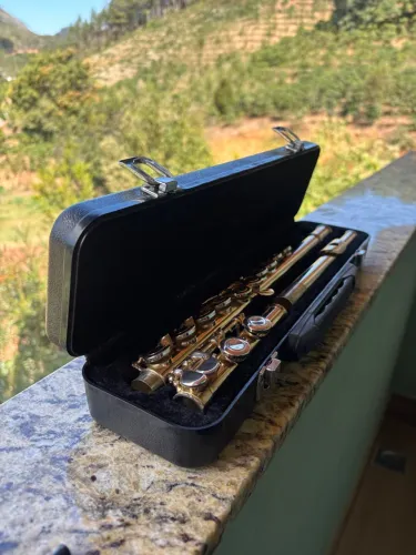 Flauta transversal em estojo, instrumento musical