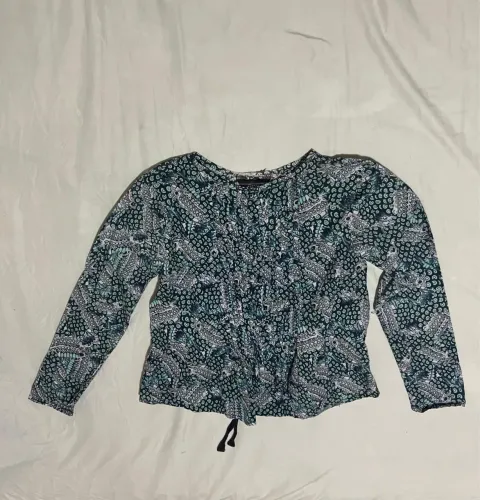 Blusa Cantão Estampada Azul e Verde Manga Longa