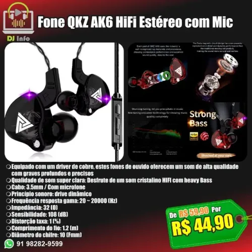 Fone QKZ AK6 HiFi Estéreo com Microfone