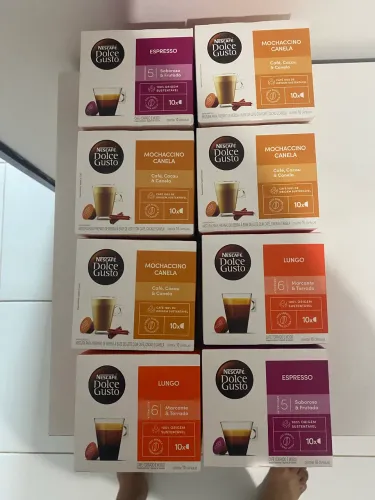 Título para OLX: 8 Caixas Cápsulas Nescafé Dolce Gusto - Espresso, Lungo e Mochaccino