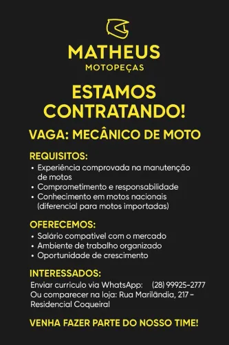 Vaga para mecânico de motos com experiência
