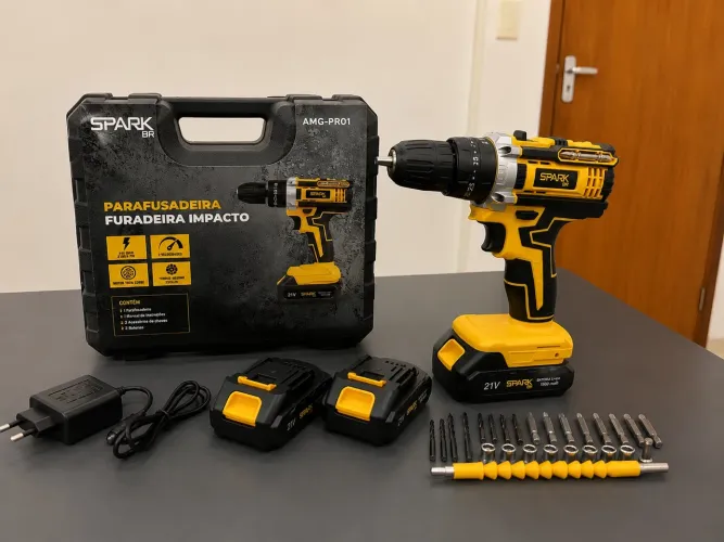 Parafusadeira Furadeira de Impacto 21V Sem Fio + 2 Baterias + Maleta Completa