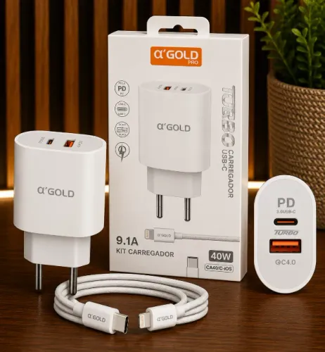 Carregador Turbo para iPhone A'Gold Pro 40W + Cabo USB-C - Carga Rápida