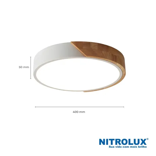 Luminária Plafon Led Sobrepor Redondo, Branco com madeira 25W 3 em 1 Marca NITROLUX