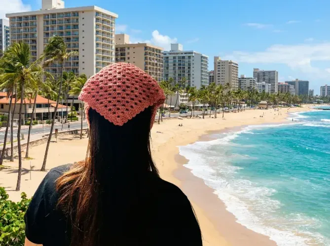 Bandana / Lenço de Crochê Coral com Mix de Pérolas