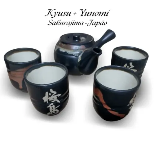 Jogo de Chá Japonês Kyusu + 4 Yunomi Lava Vulcânica Sakurajima