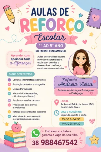 Aulas de reforço: 1° ao 5° ano. 