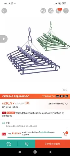 Varal Articulado com 8 cabides- 2 unidades *novos*