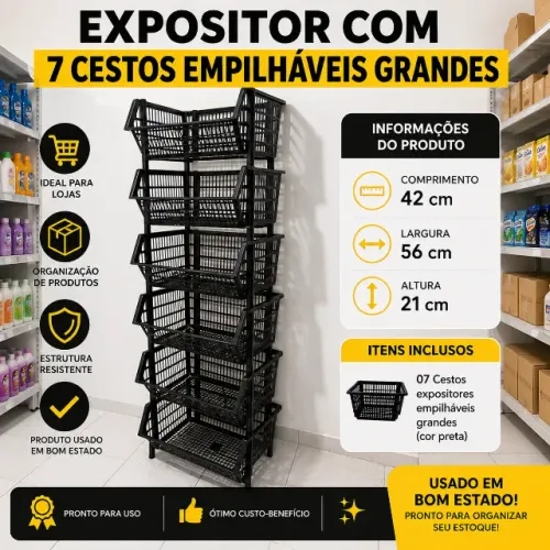 Kit 7 Cesto Expositor Plastico Médio Gondola Empilhavel Preto Grande