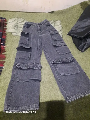 Calça Cargo Jeans Wide Leg Feminina Cinza XS (34/36) - Como Nova