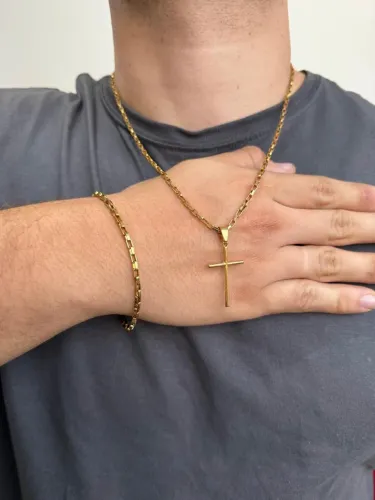 Corrente + Pulseira em Aço Dourado - OPORTUNIDADE