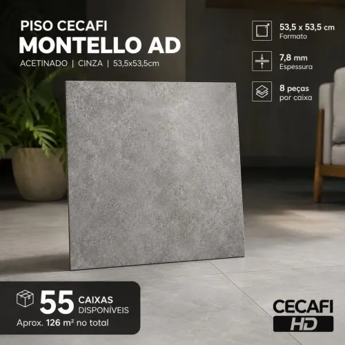 55 Caixas Piso Cerâmico CECAFI Montello AD 53,5x53,5 Acetinado Cinza - total aprox. 126 m²