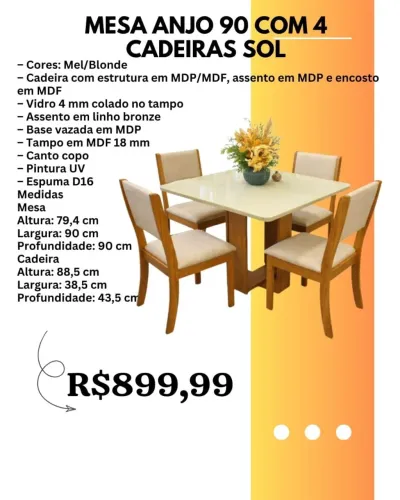 Mesa de jantar 90x90cm com 4 cadeiras(Pague na entrega)