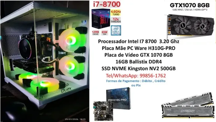 PC Gamer Core I7 8700 GTX 1070 8GB - Completo -Até 12 X 325,00 Sem Acréscimo !!!