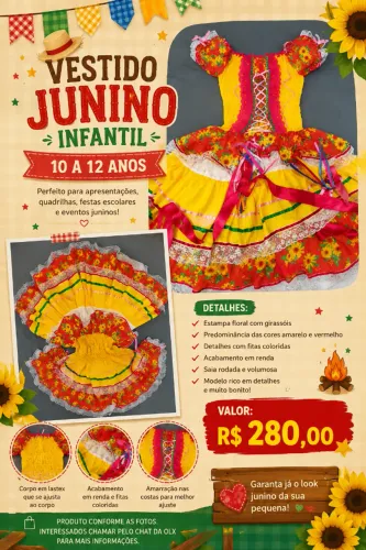 Vestido junino infantil lindo e super charmoso, perfeito para apresentações de São João, q