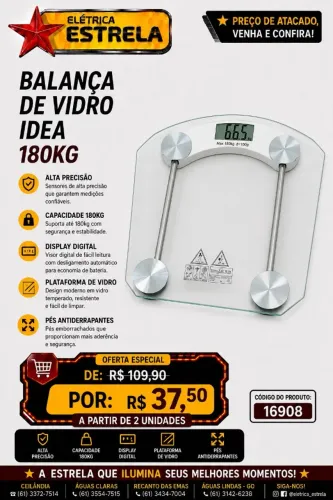 Balança Digital de Vidro IDEA 180kg - Oferta Especial Elétrica Estrela