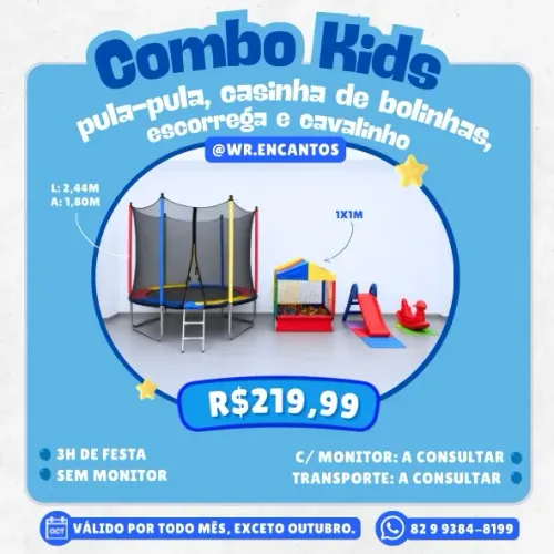pula-pula, casinha de bolinhas, escorrega e cavalinho