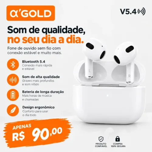 Fone de Ouvido Bluetooth 5.4 ?GOLD TWS Sem Fio com Case de Carregamento - Branco | R$ 90