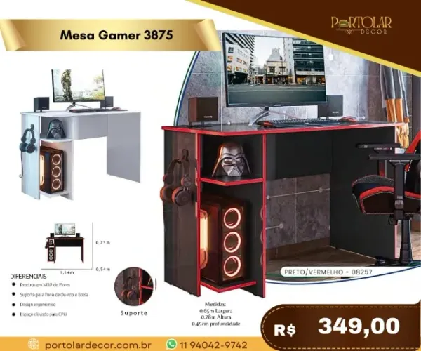 Mesa Gamer 3875, a pronta entrega 