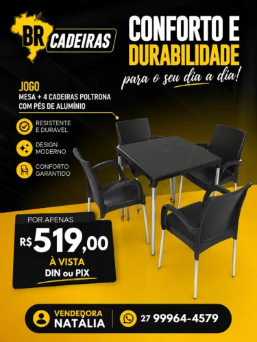 JOGO MESA + 4 CADEIRAS POLTRONA PÉS DE ALUMÍNIO