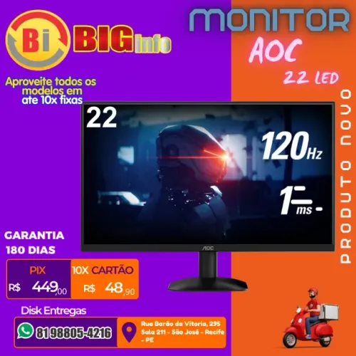 Monitor Gamer AOC 22" Full HD Gaming 120Hz 1ms 22B30HM23 - Em ate 10x Fixas 