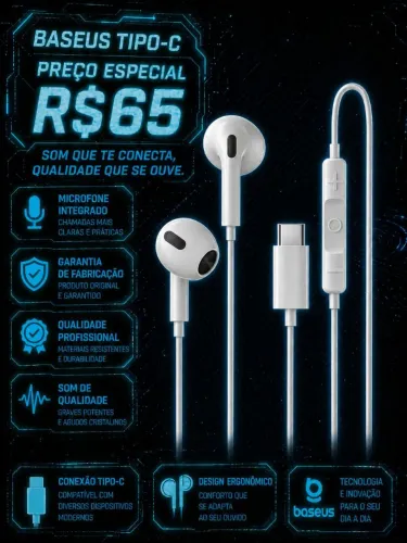 Fone Baseus Tipo C Novo Original com Microfone- Entrega Grátis 