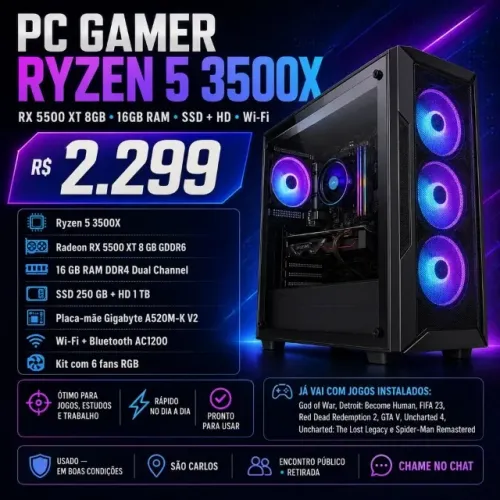 PC Gamer Ryzen 5 3500X RX 5500 XT 8GB 16GB RAM SSD 250GB + HD 1TB