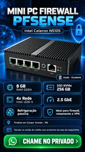 Mini PC Firewall pfSense Intel Celeron N5105 8GB RAM DDR4 SSD NVMe 256GB Rede Intel i226-V