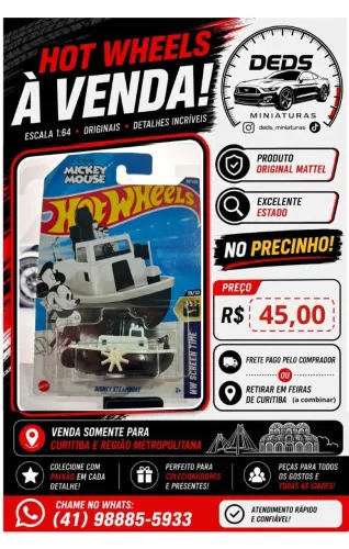 Título sugerido: HotWheels Disney SteamBoat - Original Mattel (Novo no Blister)