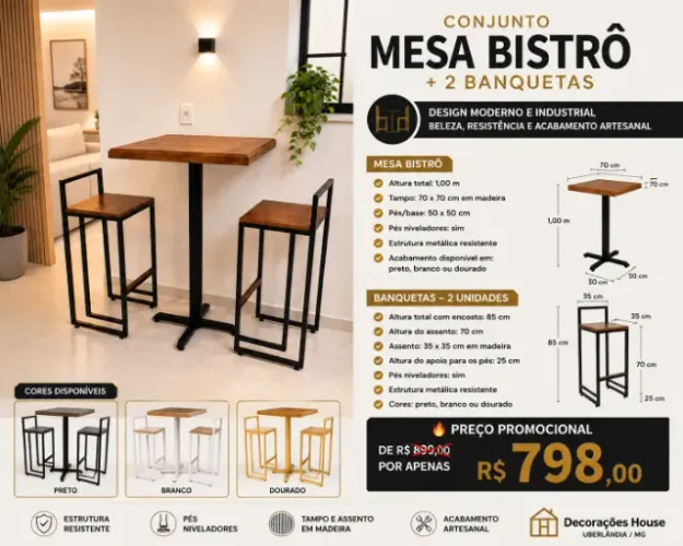 CONJUNTO MESA BISTRÔ + 2 BANQUETAS